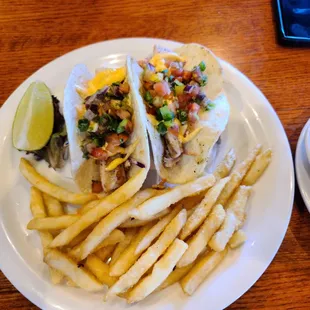 Mahi mahi tacos with fries