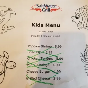 a menu for kids&apos;s menu