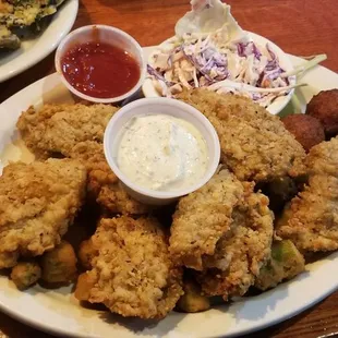 Fried Oysters with Okra, coleslaw and hushpuppies