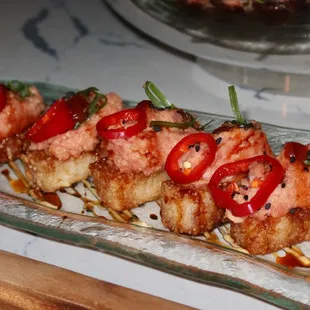 The Spicy Yellowtail Crispy Rice was made with yellowtail, pickled fresno, &amp; unagi sauce.