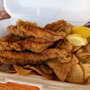 Catfish Plate with slaw and fried potatoes plus sauce. $18.