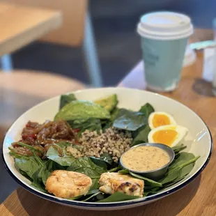 Fancy Farmer Bowl (Quinoa, spinach, 6-minute egg, bruleed goat cheese, red bell peppers, avocado, pear vinaigrette)