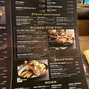 2023 August 13 steak, seafood, sides menu