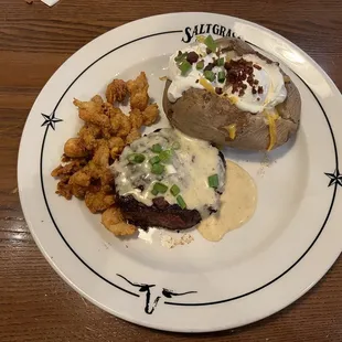 BREAUX BRIDGE SIRLOIN (Cajun spiced 8oz Center-Cut Top Sirloin, spicy fried crawfish, creole lemon butter, green onions)
