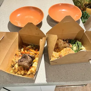 Our food in the takeout containers. Braised short rib and Roasted Half chicken