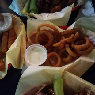 Buffalo wings, teriyaki wings, lemon pepper wings, onion rings, cheese sticks