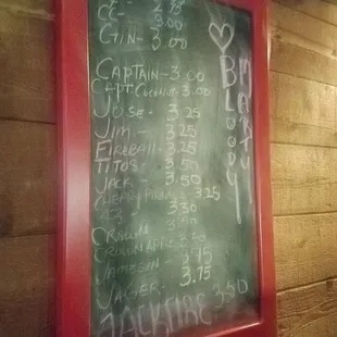Liquor price list