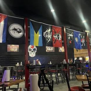 flags hanging from the ceiling