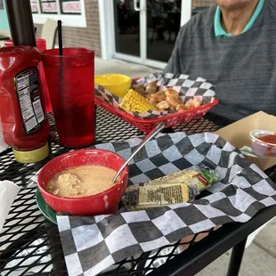 Lobster bisque soup and boiled shrimp