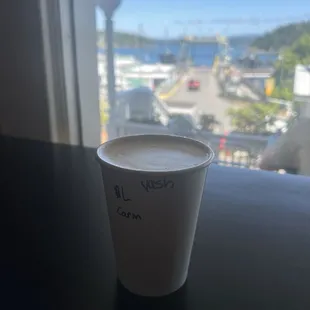 Large Caramel Latte with view of Friday Harbor Ferry Dock in background