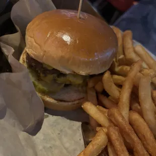 J&apos;s double burger fries and potato salad