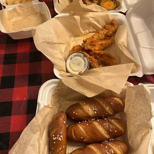 Chicken tenders, pretzels and tater tots