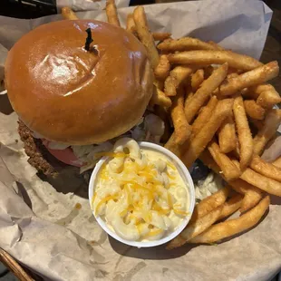 Beau&apos;s Blue burger with fries and macaroni and cheese