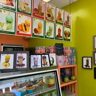 a display of fresh fruit and drinks