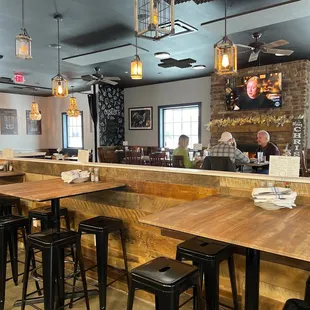 a bar with stools and tables