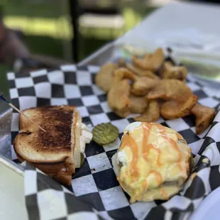 Pickle grill cheese, fried green tomato Benedict and fries.