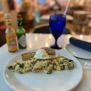 a plate of eggs and toast