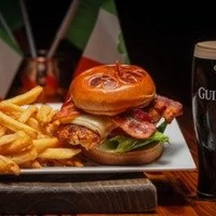 Blackened chicken sandwich with our standard french fries and Guinness draft