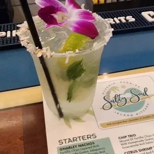 Toasted Coconut Mojito  Made with Don Q coconut rum, lime, mint &amp; coconut water with a toasted coconut rim!