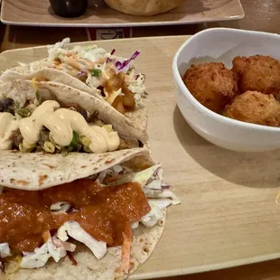 Taco trio-shrimp, Fish &amp; Volcano Shrimp