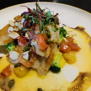 Sole with cauliflower sauce and broccoli. Yum.