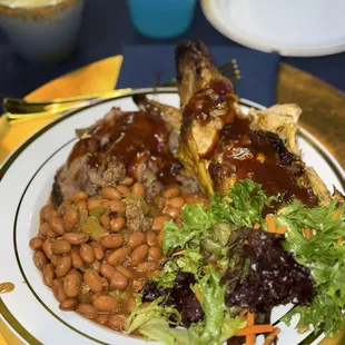 Tri tip, BBQ chicken, chili beans, green salad