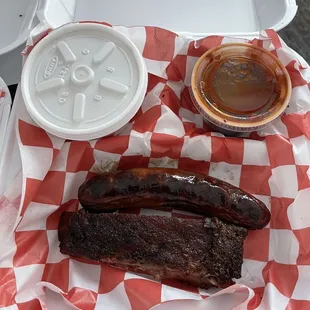 Hot Link, Beef Rib, Potato Salad and BBQ Sauce
