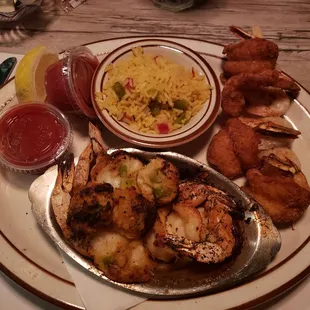 Shrimply awesome shrimp platter. Shrimp 4 different ways. It was good but a bit over broiled on the scampi and stuffed shrimp tray.