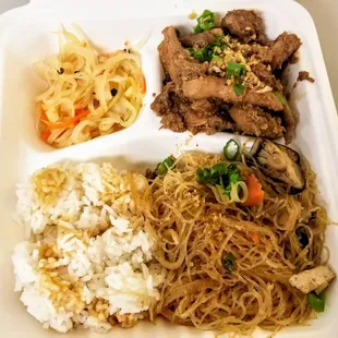 Lunch Plate w/ Chicken Adobo, Pancit, White Rice and Lumpiang Hubad Veggies