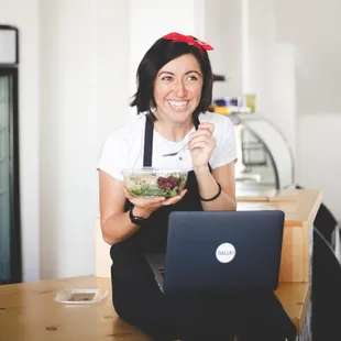 Founder, Angela, enjoying a salad