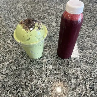 Green Anna smoothie with pea protein and the beet goes on juice.