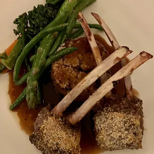 Australian Rack of Lamb with Dijon truffle crust and mushroom bread pudding - tasty! (04/16/22)