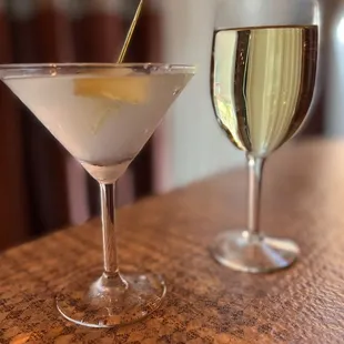 a martini and a glass of wine