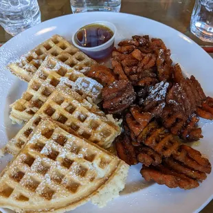 A Waffle House...chicken stuffed waffles with sweet potato waffle fries!