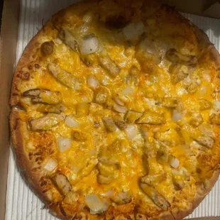 Bianca Pizza with Garlic Sauce instead of Pizza Sauce and includes Onion, Chicken, and Cheddar Cheese.