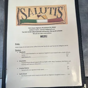 Saluti's 2024 Menu