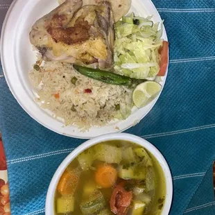 This is our delicious chicken soup and it&apos;s accompanied with grilled chicken, rice, and salad!