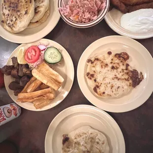 Pupusas, Fried Yuca and Plantains
