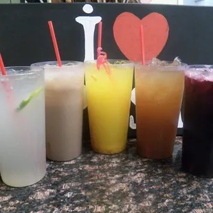 Aguas Frescas! Horchata, Lemonada, Fruit Salad, Tamarind, &amp; Jamaica (Hibiscus flower)