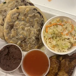 Vegan squash and spinach filled papusas also had beans inside, side  of beans mild salsa cole slaw and plantains.