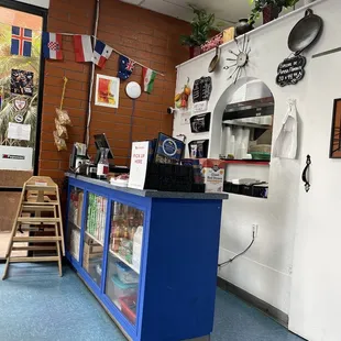 a counter with a blue countertop