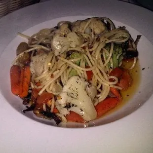 Spaghetti primavera. Too oily.