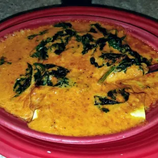 Seafood Manicotti. Shrimp, scallop, lobster, ricotta stuffed manicotti. Topped with spinach, and a blush tomato sauce. Very good!