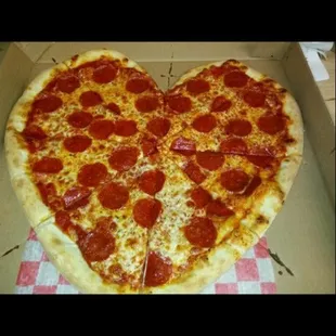 Heart shaped pepperoni pizza for Valentines day.