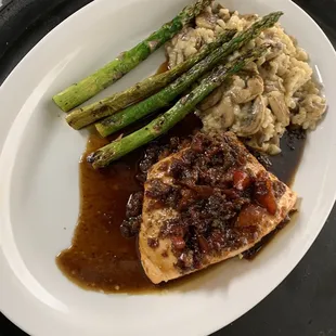 Bourbon bacon glazed Salmon with lemon and herb asparagus and a side of mushroom risotto
