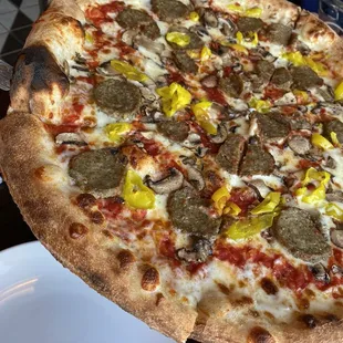 Make your own pizza w/ mushrooms, meatballs, and banana peppers