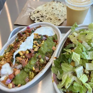 Curry chicken &amp; paneer tikka rice bowl  Lamb curry rice bowl Papadum Mango lassi  IG:  @rosyeatssj