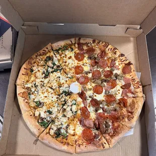 Half 18" Harissa Chicken and Spinach Pizza and Half Carnivore