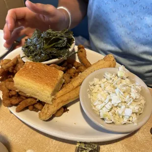 Flounder, clam strips, collards, coleslaw and cornbread