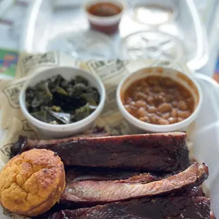 Spare Rib Plate with baked beans, collards, and a sweet potato muffin